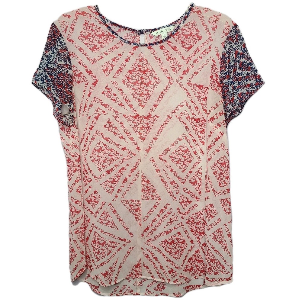 Cabi Coquette Red White Blue Geometric‎ Floral Sheer Short Sleeve Tunic Top Sz M